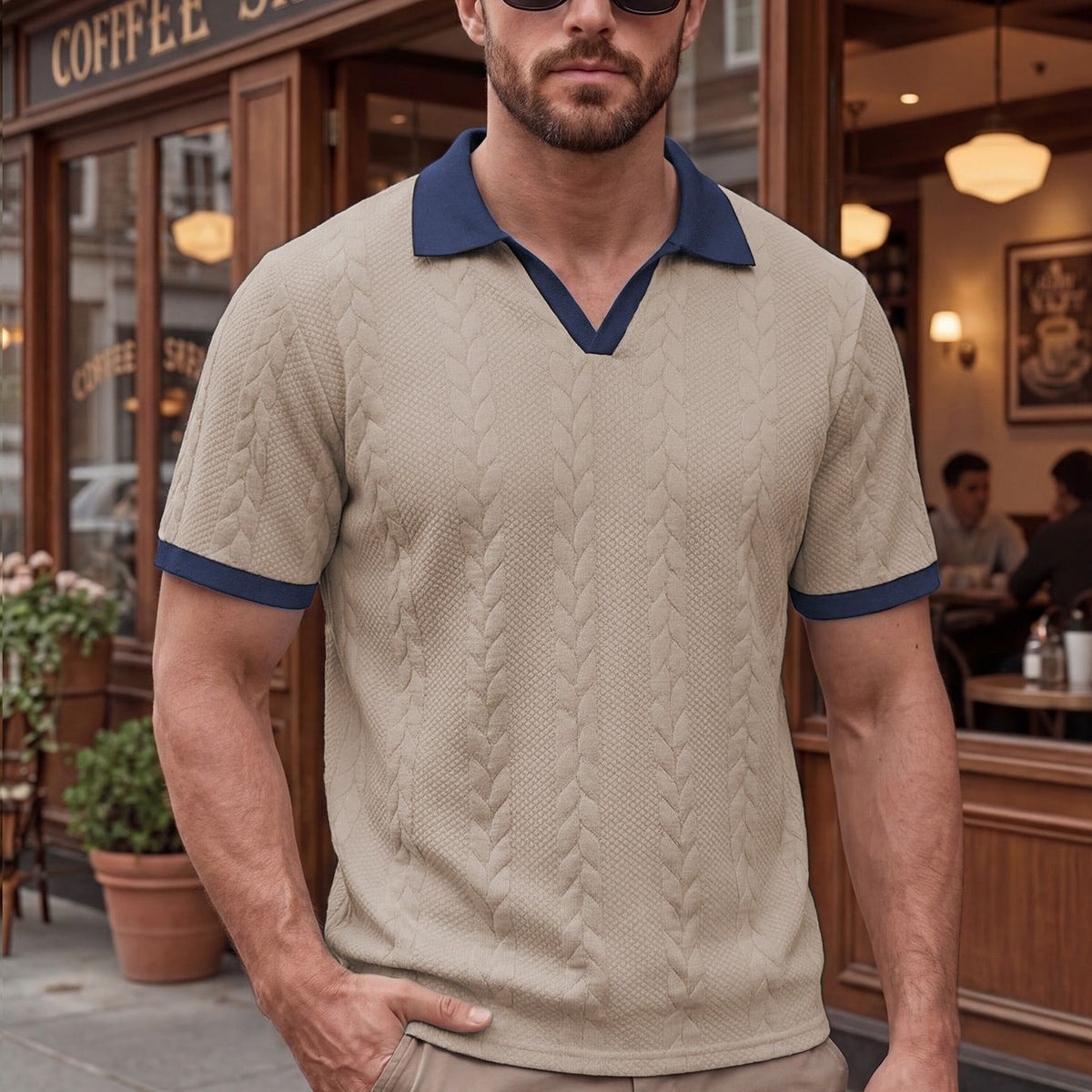 Men's Cable-Knit Contrast Collar Polo Shirt