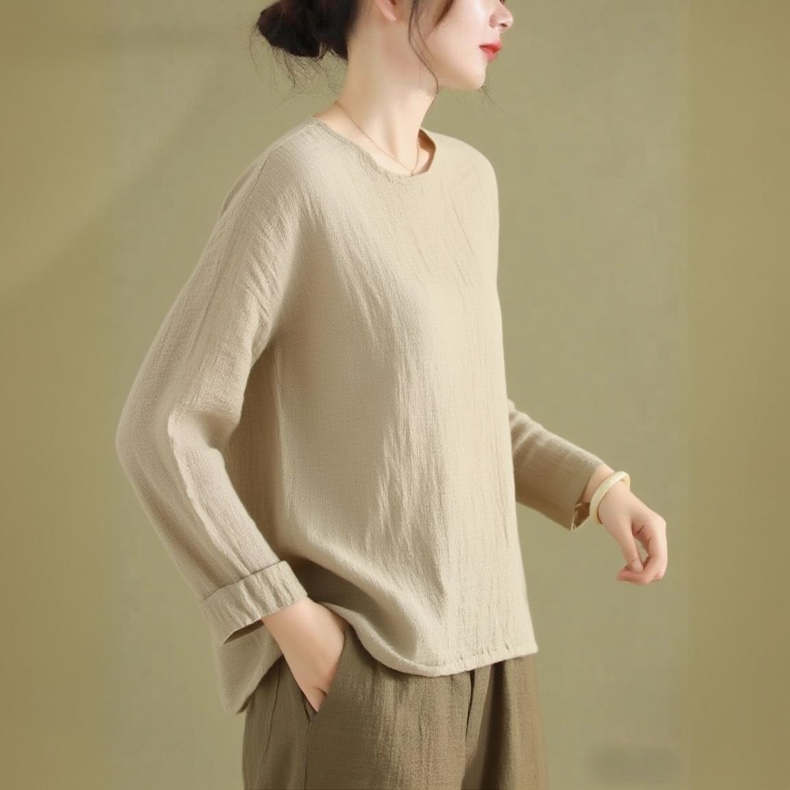Relaxed Linen-Blend Long Sleeve Top – Oat