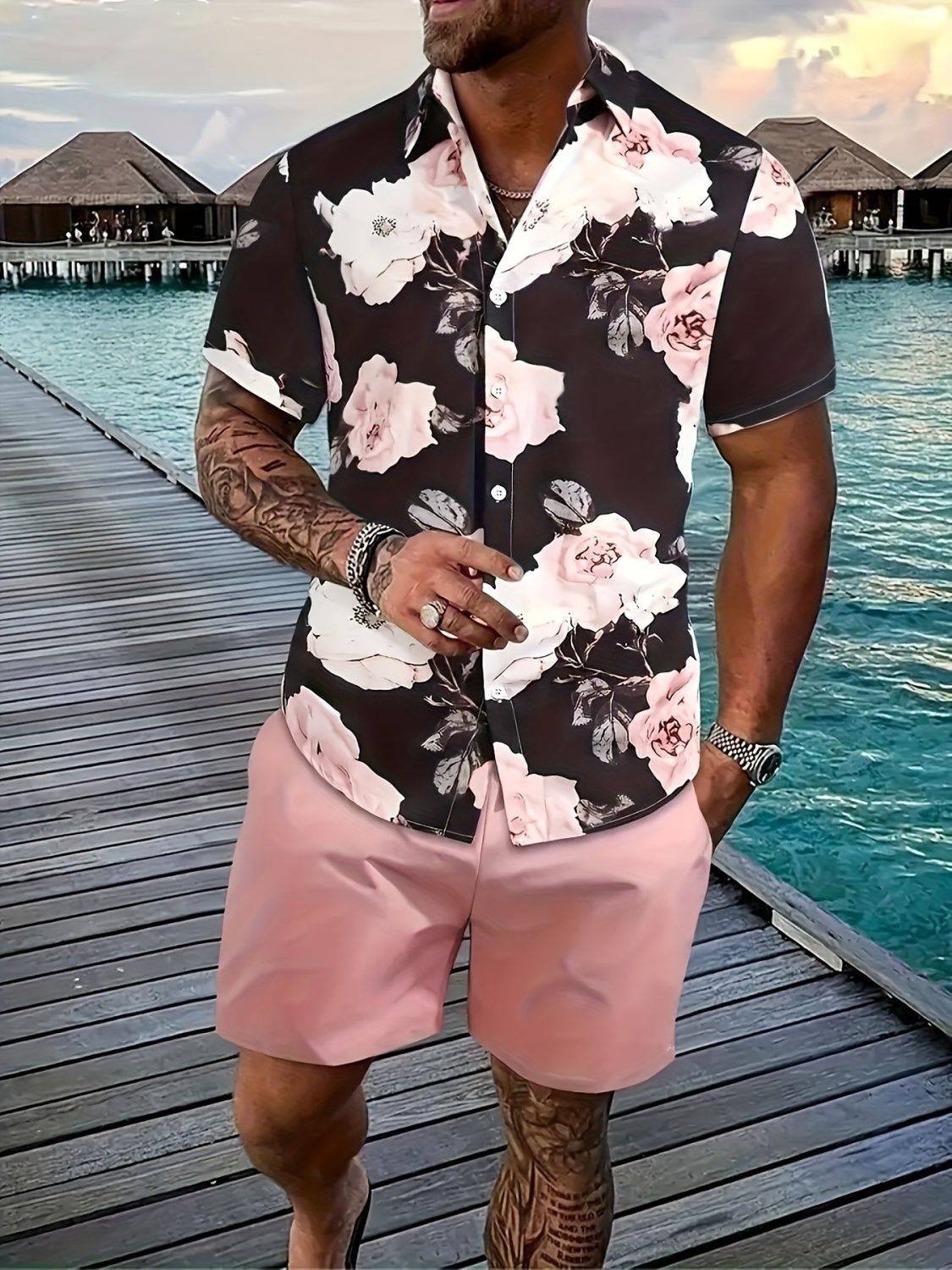Men's Tropical Floral Short Sleeve Shirt & Shorts Set