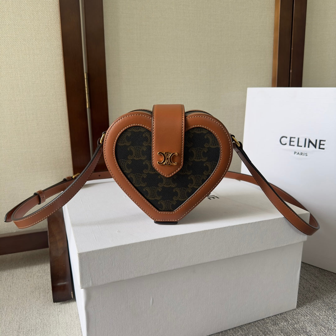 CELINE HEART TAMBOUR BAG 15 IN BLACK TRIOMPHE CANVAS AND BRONZE BROWN CALFSKIN