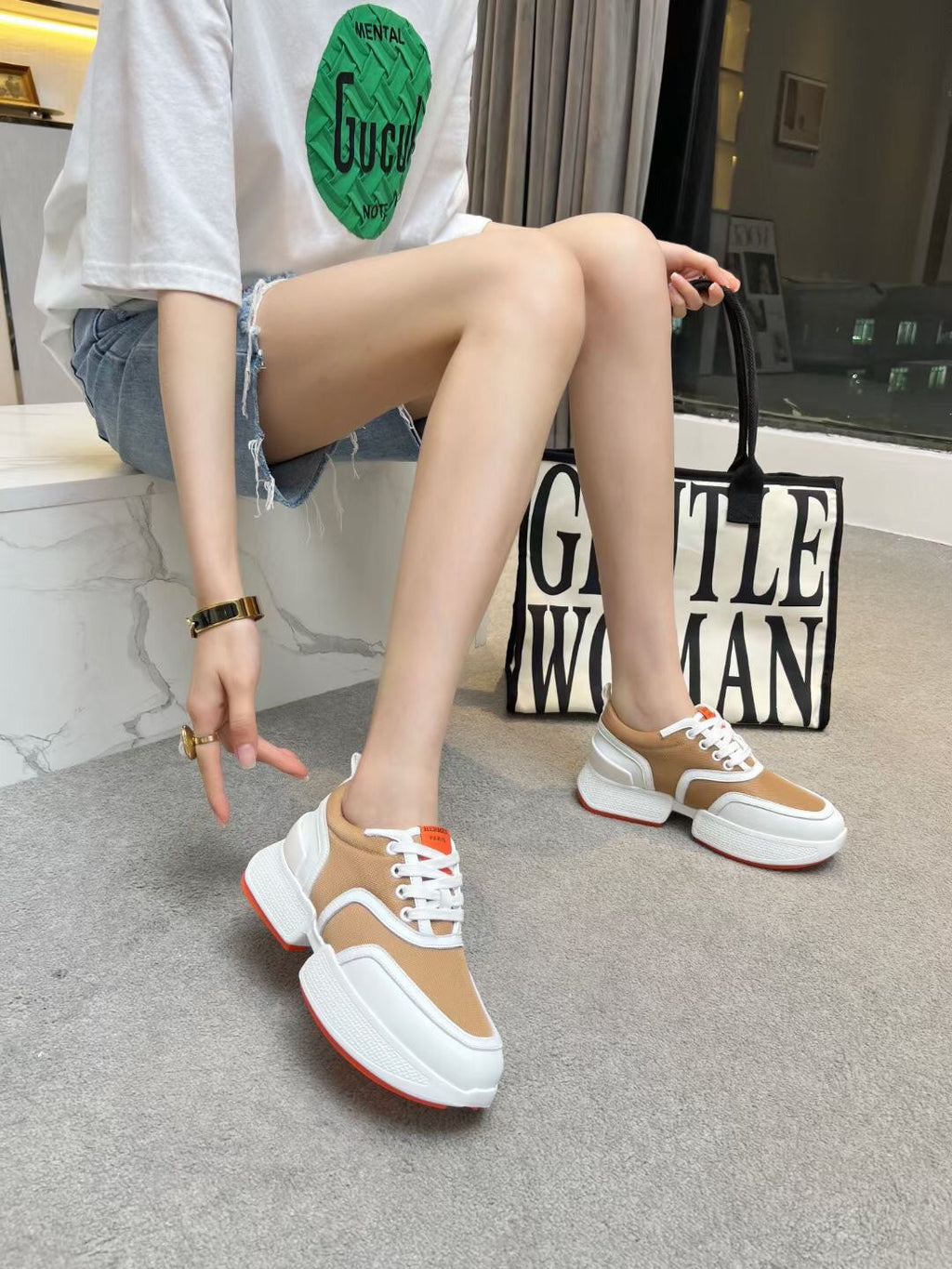 HERMES GIGA SNEAKER CARAMEL MIX WHITE CALFSKIN