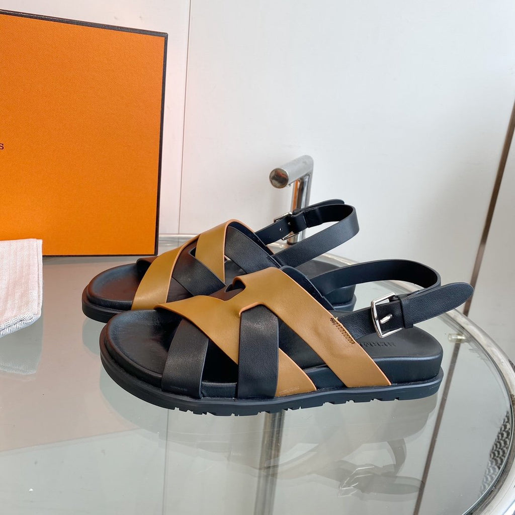 HERMES Genius Sandal Slingback Black/Brown Calfskin Leather