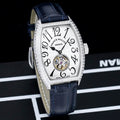 Swiss Tourbillon Tonneau Watch with Diamond Bezel & Navy Leather Strap