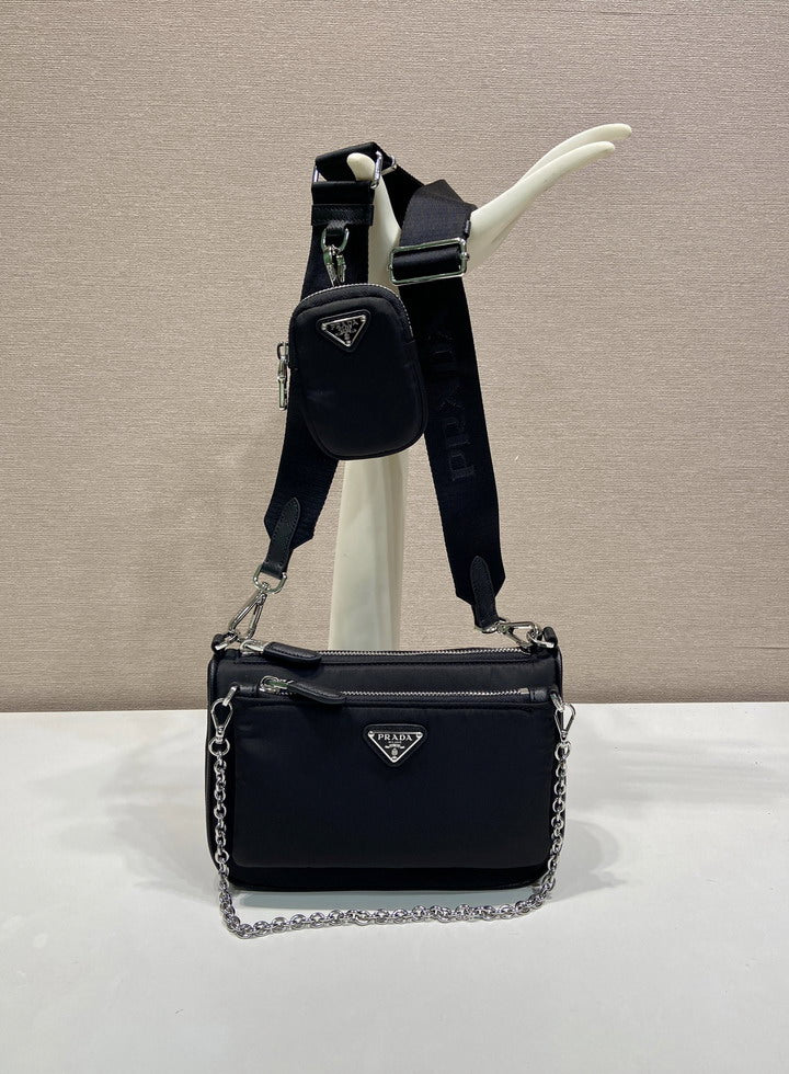 Prada Black Nylon Crossbody Bag with Chain Strap & Mini Pouch