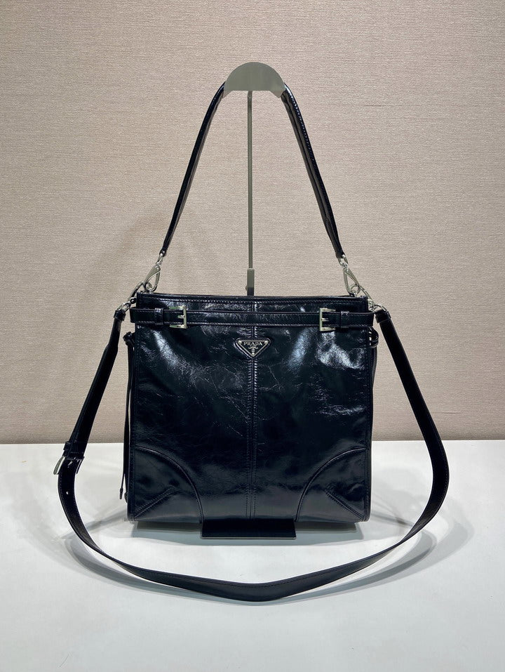 Prada Black Patent Leather Dual-Strap Shoulder Bag