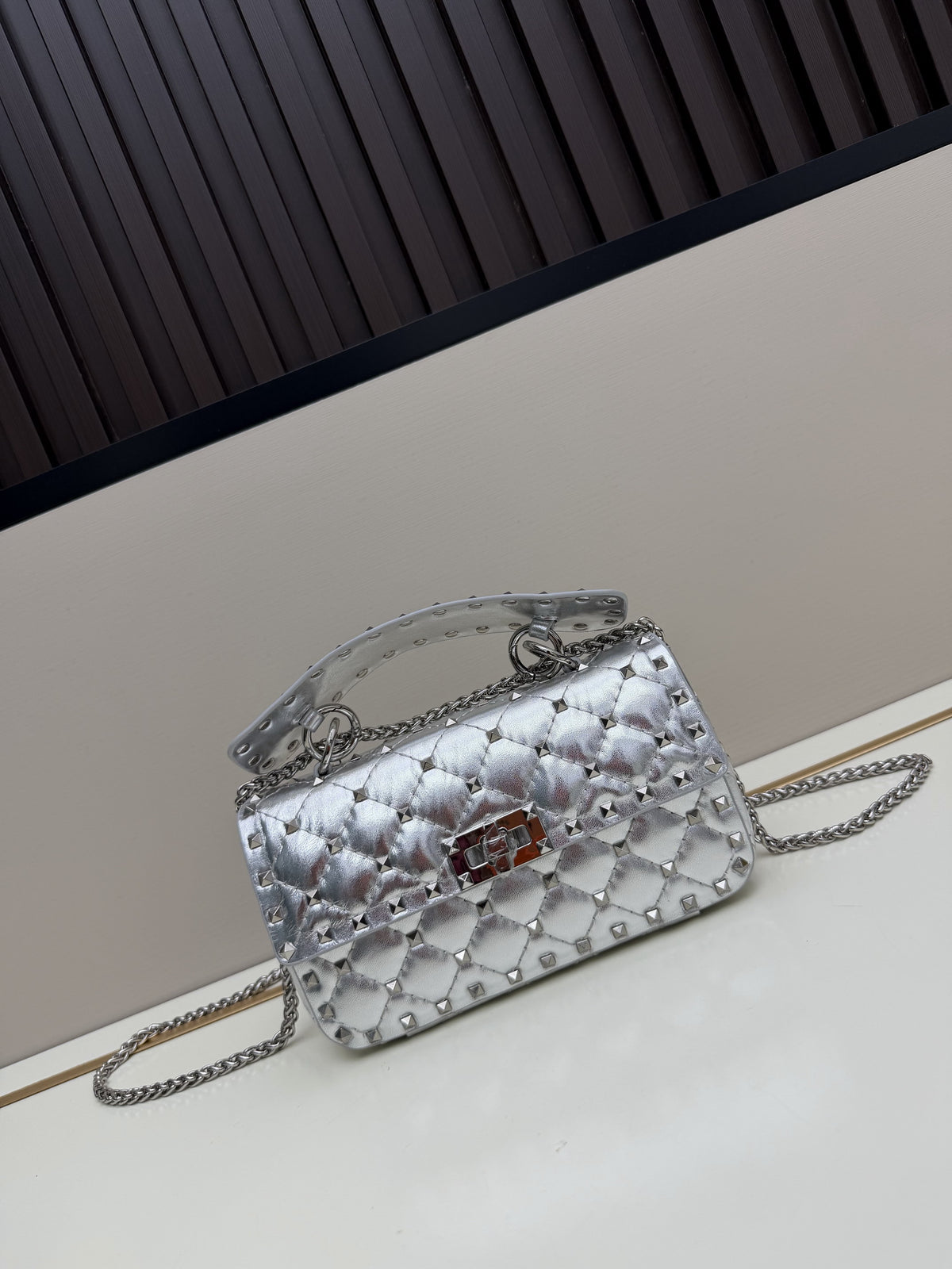 Silver Metallic Quilted Studded Crossbody Bag