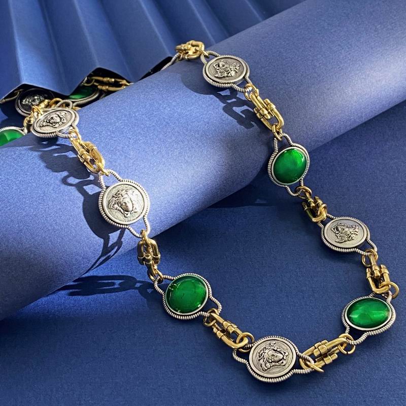 Versace Green Stone Medallion Link Necklace