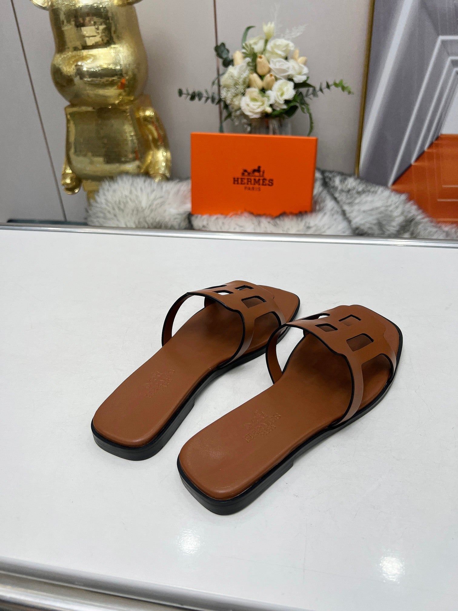 HERMES FLATFORM SANDAL CARAMEL CALFSKIN