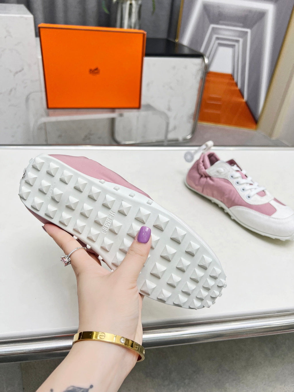 HERMES SKATEBOARD SHOES LIGHT PINK MIX WHITE SUEDE
